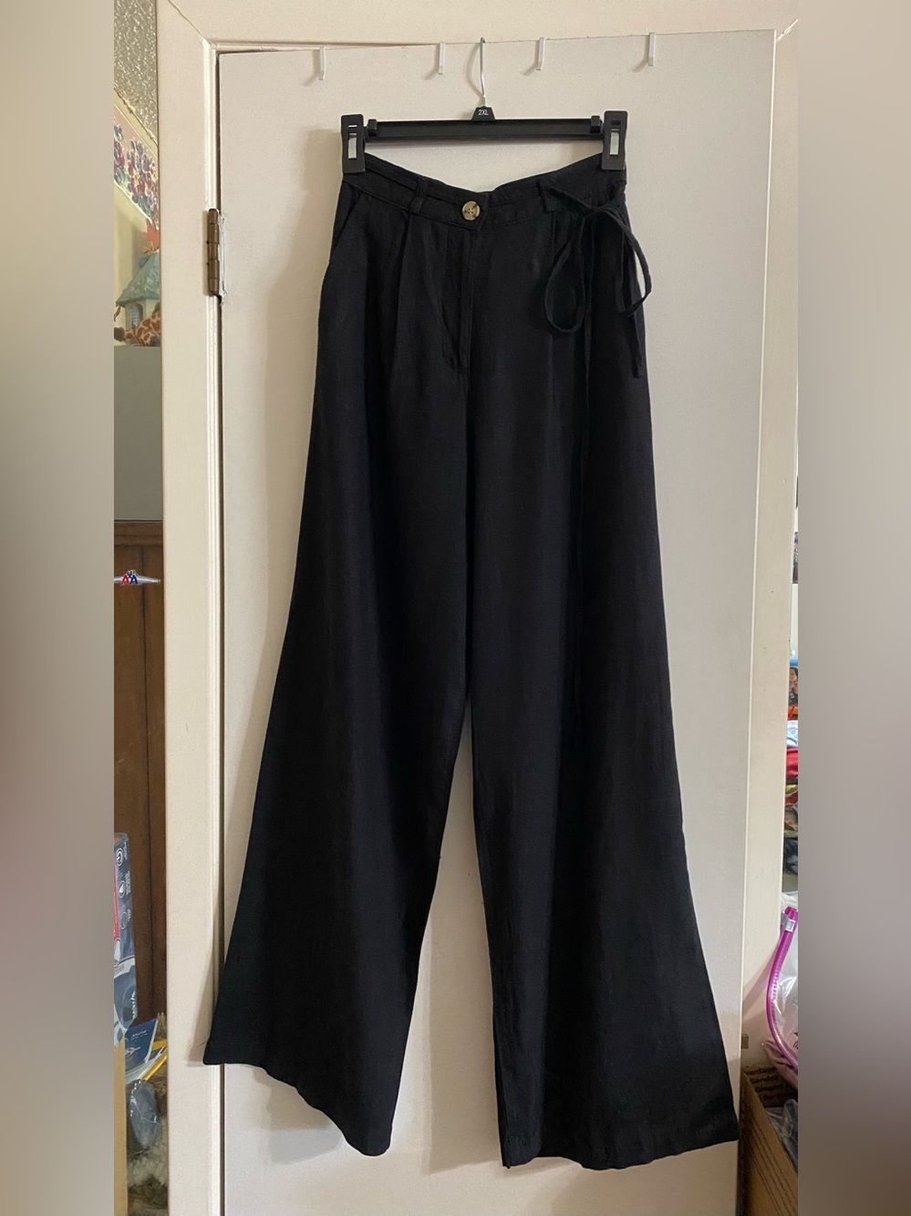 H&M Black linen Wide-Leg High-Waist Pants with Tie